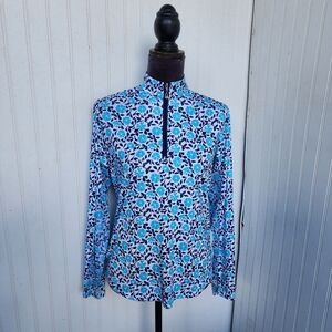 SanSoleil Blue Floral SolShine Foil 3/4 Zip Pull Over Golf Top Shirt Women’s M
